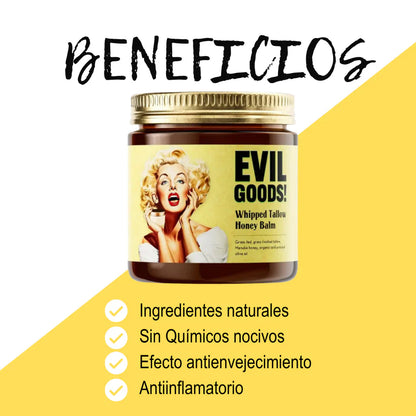 EVIL GOODS® - bálsamo de miel y sebo de res, hidratación natural, potente para tu piel con efecto anti envejecimiento