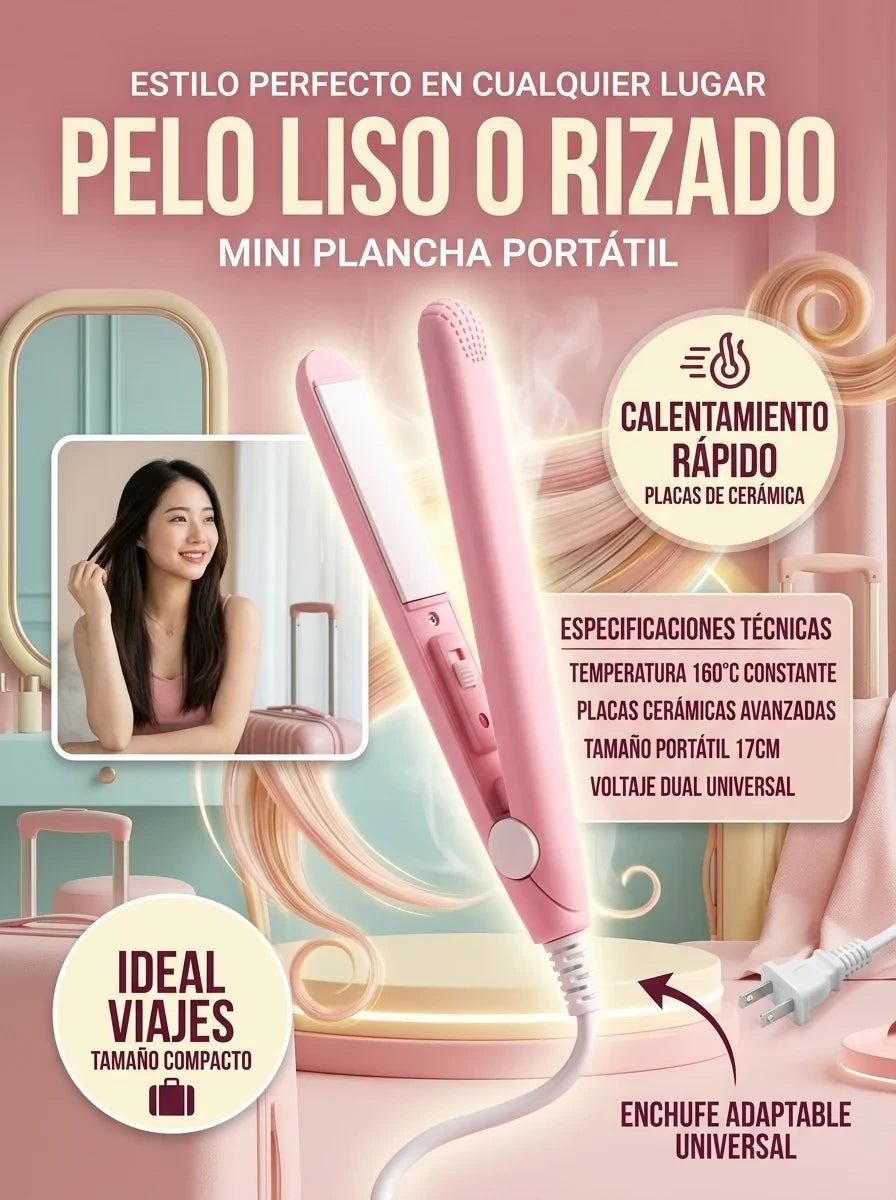 Oferta 2x1 Mini Plancha Portátil – Cabello Liso o con Rizos Perfectos