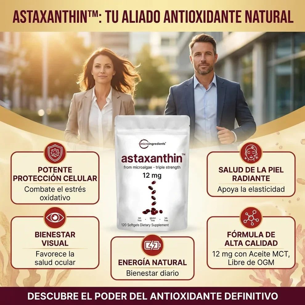 Astaxanthin 12 mg de Microingredients® Cuida tu piel, ojos y células desde hoy con protección antioxidante avanzada